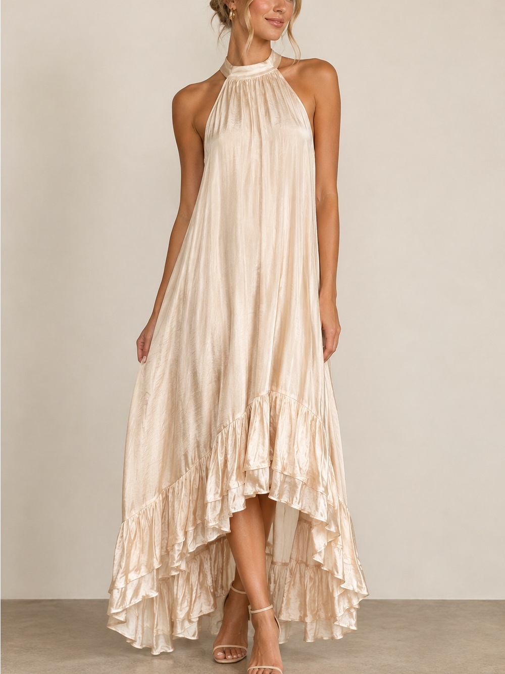 Mable Satin Halter Neck Champagne Color High-Low Dress - Size Medium